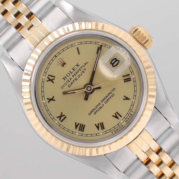 Rolex Ladies Datejust 26mm Two-Tone Champagne Roman Dial Fluted Jubilee 69173